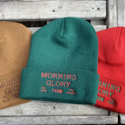 Morning Glory Farm beanie hats in tan, red, and turquoise from Martha’s Vineyard