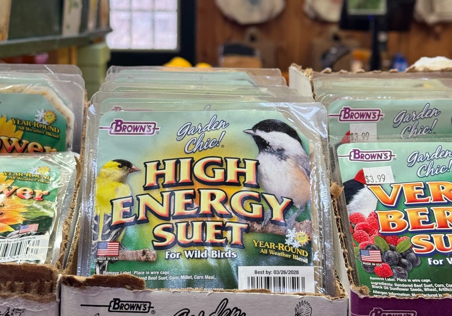 farmstand bakery Morning Glory Farm wild bird suet and seed cake baskets display inside farmstand in Edgartown MA