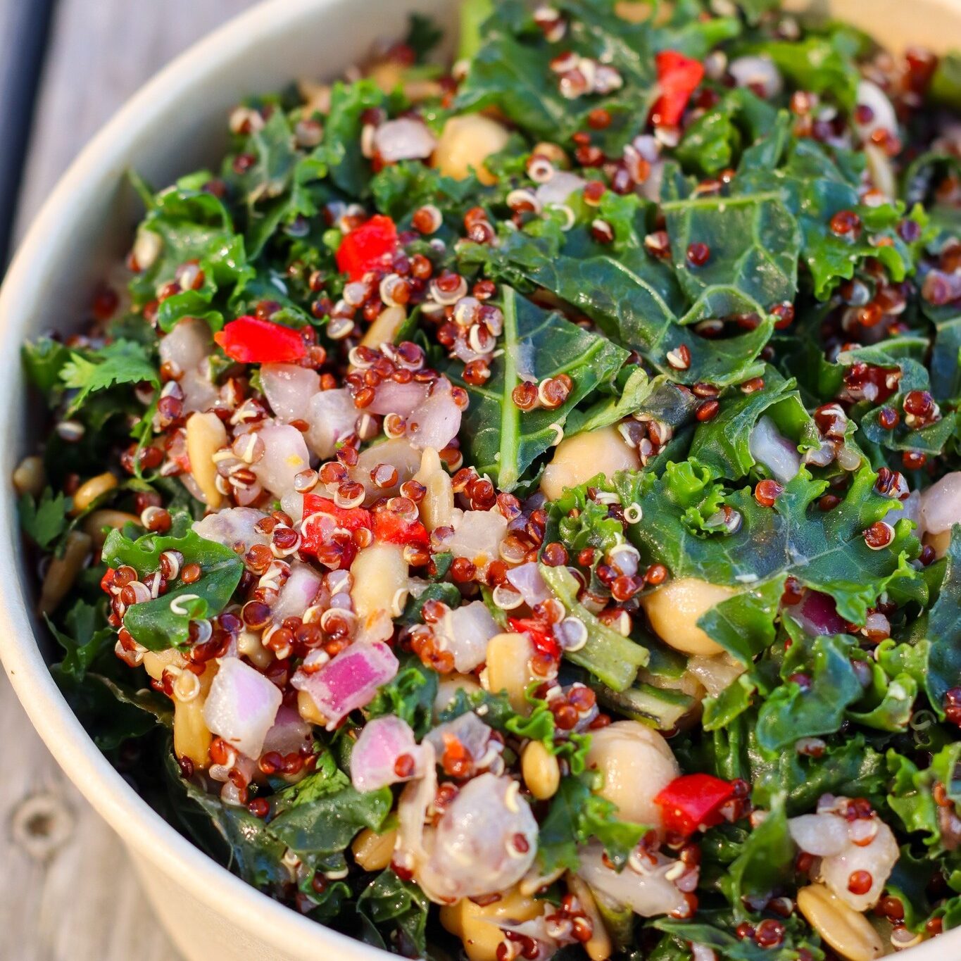 Farm fresh meals featuring a kale quinoa salad made with real ingredients at Morning Glory Farm