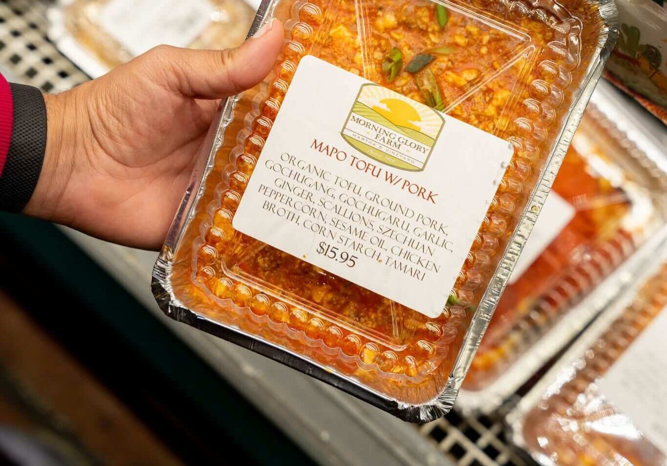 Prepared Farm Fresh Meals including homemade Mapo Tofu available in the Morning Glory Farm cold case.